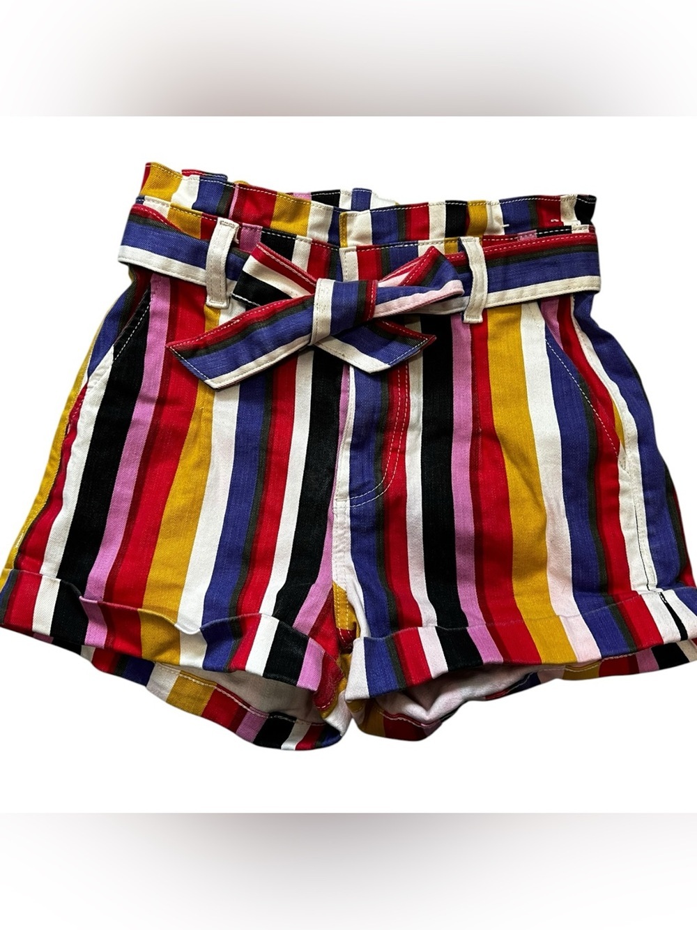 Express Multicolor Striped High Waist Paperbag Shorts with Belt 0